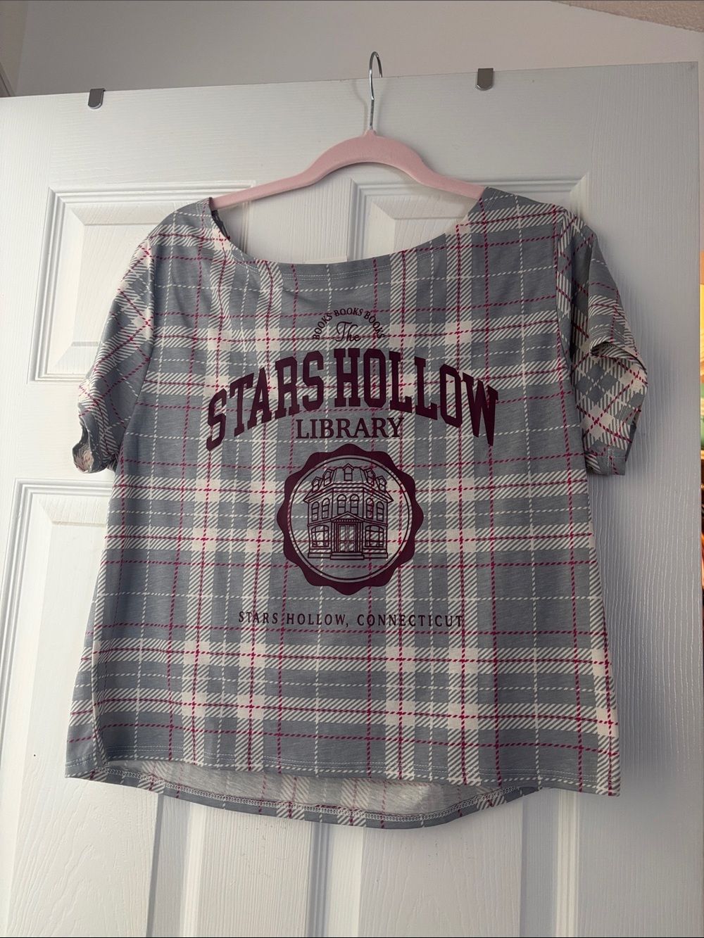 NWT Gilmore Girls Stars Hollow Library Plaid Tee - Gray & Burgundy